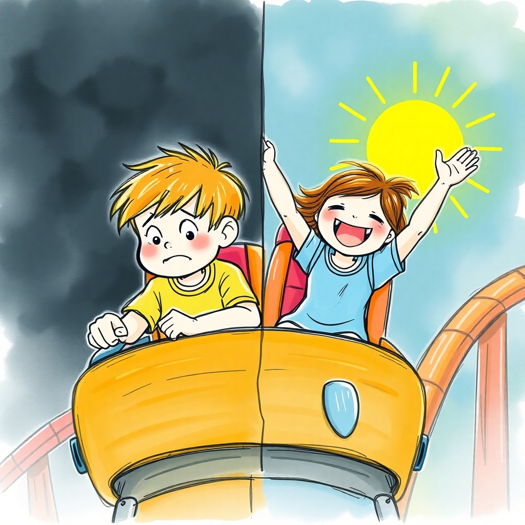 A whimsical, storybook-style illustration of a child on a rollercoaster, with a split-scene effect. On one side of the image, the child has a nervous, worried expression, with clenched hands and wide eyes as they begin the ride. The background on this side is dark and stormy, symbolizing uncertainty. On the other side of the image, the child is laughing and smiling, with arms raised in excitement as they ride through a loop. The background is bright and sunny, symbolizing joy and emotional growth. The child is the same in both scenes, showing a transformation from fear to exhilaration. The rollercoaster itself should be fun and playful, with vibrant colors and exaggerated curves. The overall tone is light-hearted and playful, with an inspiring message about resilience.