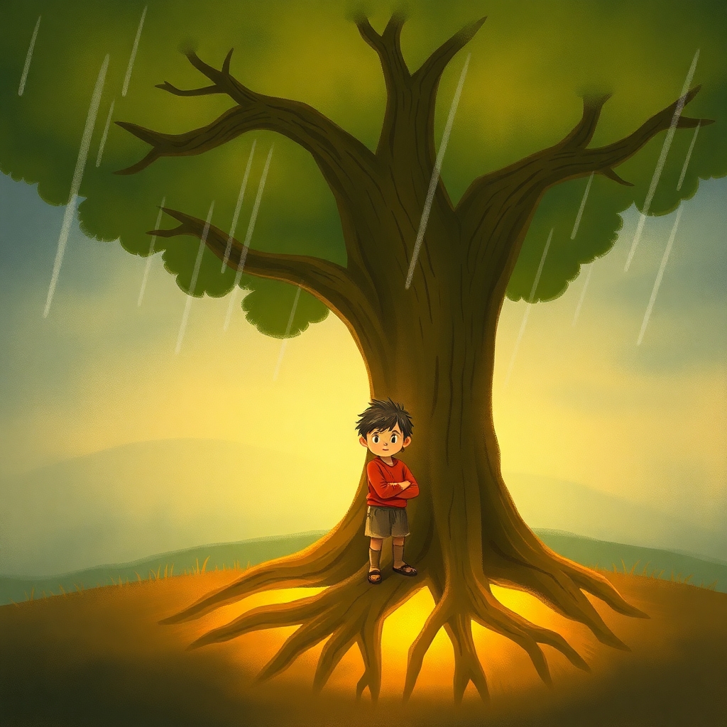 a resilient child standing firm in a storm with strong roots.